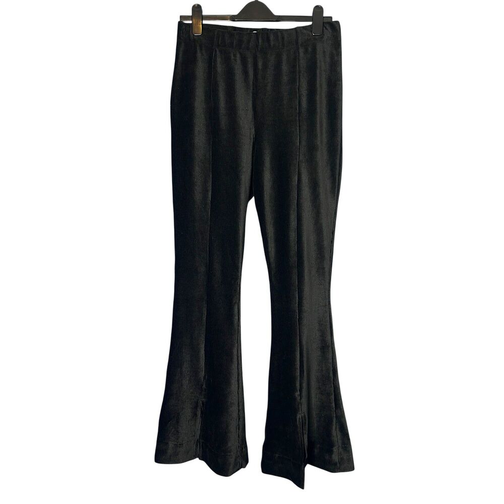 Womens Black Luxe High Rise Flare Pants Sz L Soft Pockets Stretch Retro Velour